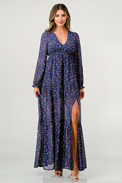 Floral V-Neck Long Sleeve Maxi Dress with Tiered Skirt and Side Slit
