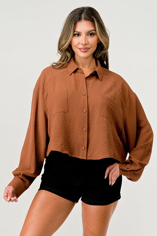 Chemise boutonnée oversize pour femme - Haut court décontracté et élégant