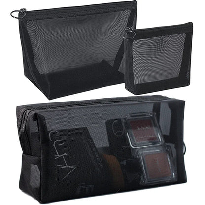 Bolsa de maquillaje de malla negra para mujer, bolsa de cosméticos transparente, pequeña y grande