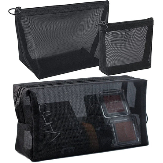 Bolsa de maquillaje de malla negra para mujer, bolsa de cosméticos transparente, pequeña y grande