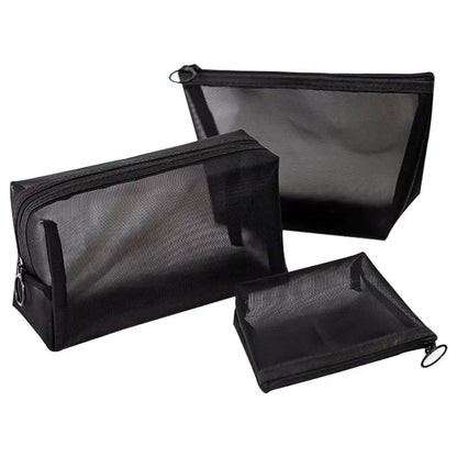 Bolsa de maquillaje de malla negra para mujer, bolsa de cosméticos transparente, pequeña y grande