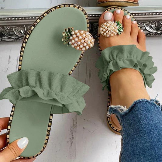 Sandalias de playa con punta plana y diseño de perla de piña para mujer 