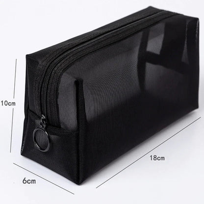 Bolsa de maquillaje de malla negra para mujer, bolsa de cosméticos transparente, pequeña y grande