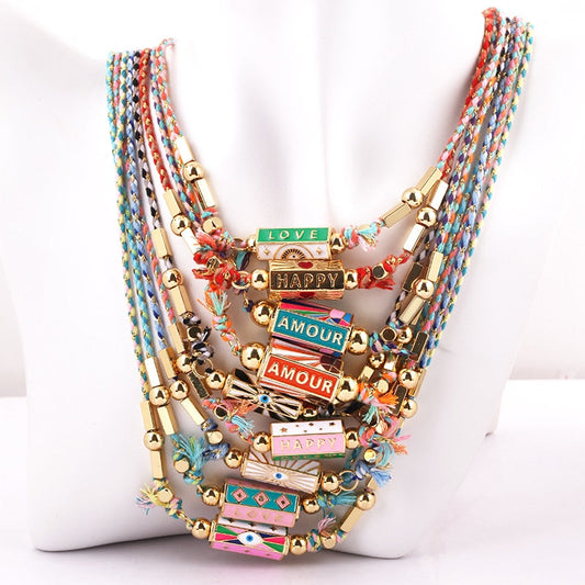 Collar de mal de ojo Amour turco azul rosa largo con nudo de cuentas bohemio