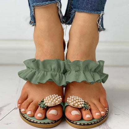 Sandalias de playa con punta plana y diseño de perla de piña para mujer 