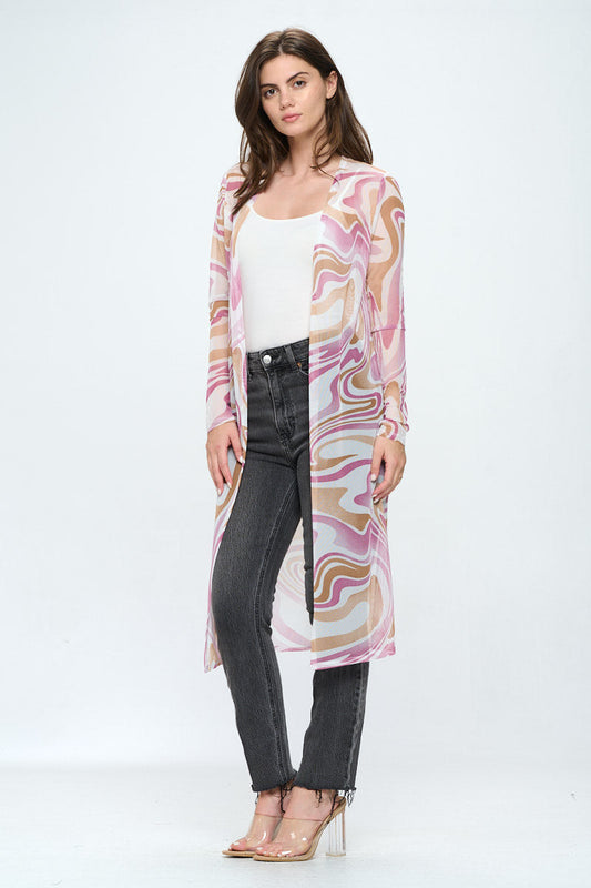 Cardigan long transparent pour femme avec imprimé tourbillon rétro