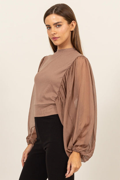 HYFVE Blusa transparente fruncida de manga larga con cuello simulado