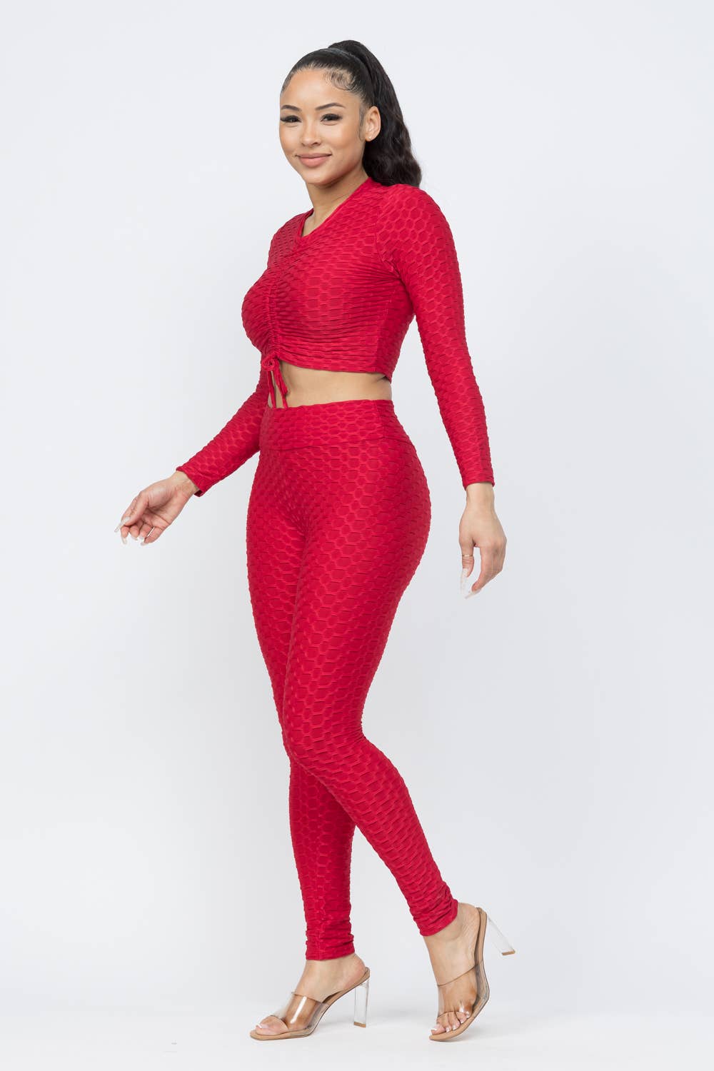 Conjunto de top y leggings con lazo fruncido en nido de abeja