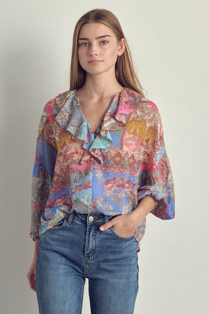 Blusa de patchwork con cuello en V y volantes