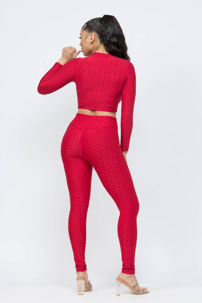 Conjunto de top y leggings con lazo fruncido en nido de abeja