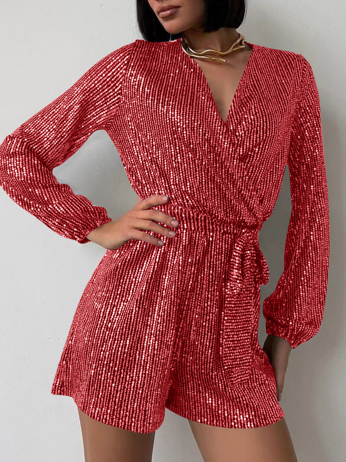 Combinaison à manches longues et surplis à sequins, taille nouée