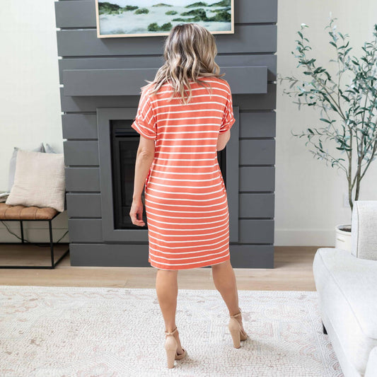 Stripe Rolled Short Sleeve V-neck Dress