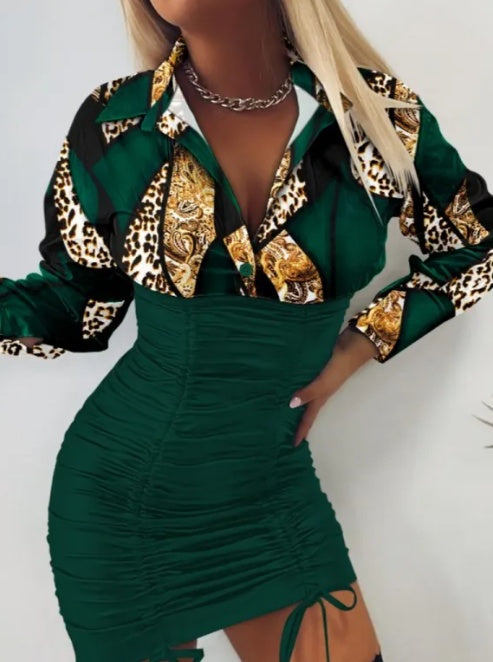 Vestido plisado con cordón ajustable y cintura estampada para mujer 