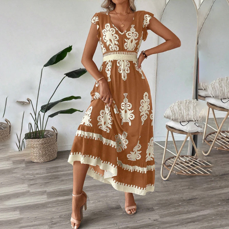 Robe longue d'été fluide pour femme, décontractée, manches courtes, col en V, taille smockée, robe de plage 