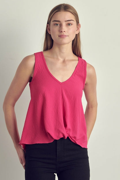 V-neck sleeveless knotted front hi-low top