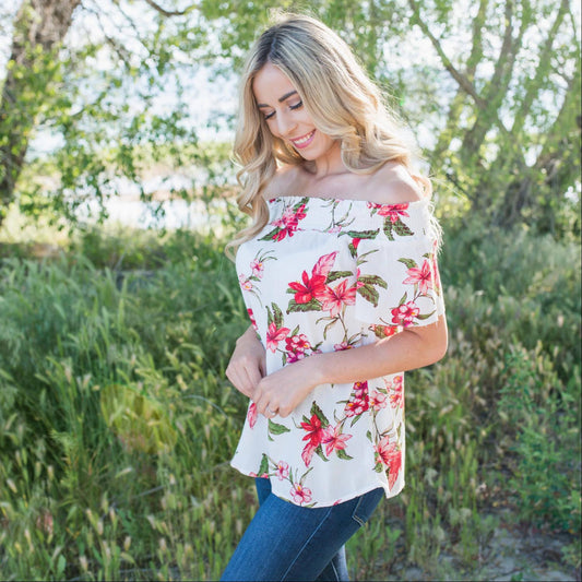 Smocked Floral Print Off Shoulder Top
