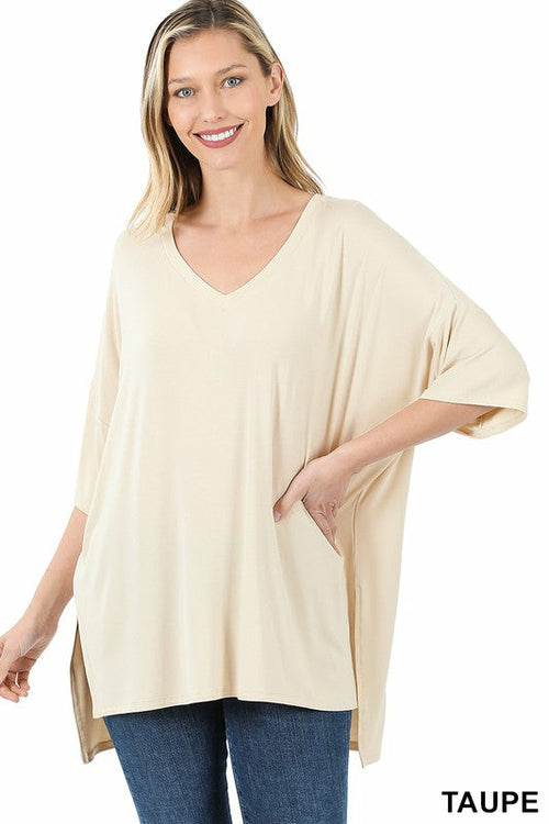 Haut Dolman en rayonne Luxe à manches mi-longues et col en V