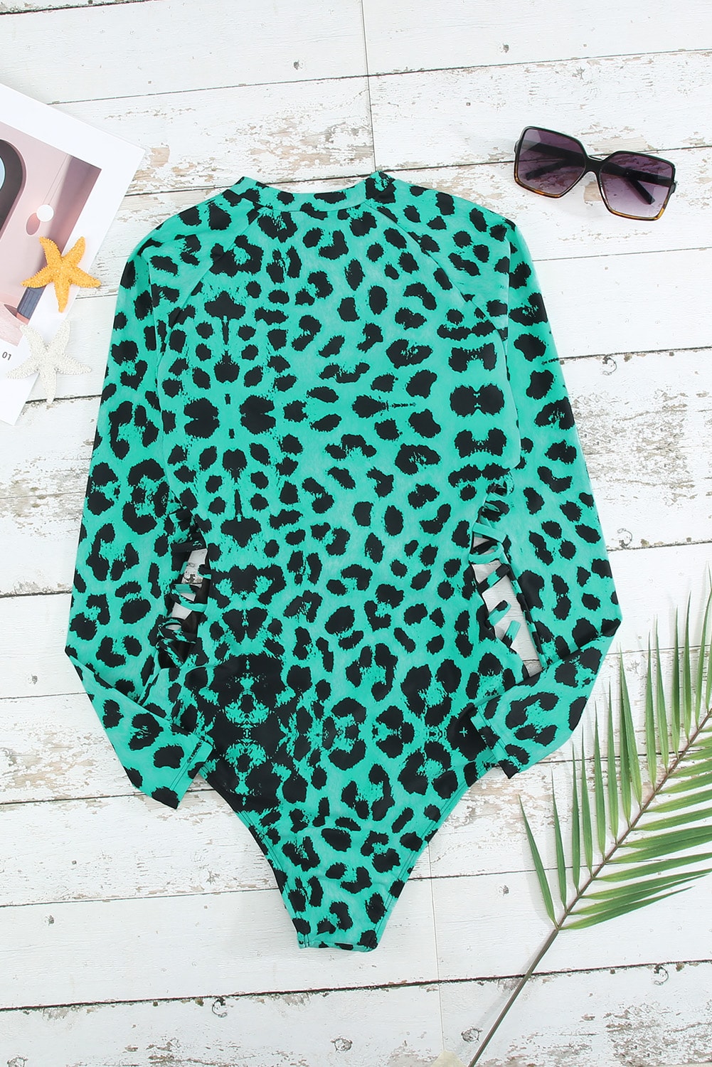 Traje de baño Rash Guard con cremallera y estampado de leopardo verde 