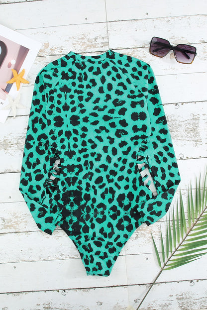 Traje de baño Rash Guard con cremallera y estampado de leopardo verde 