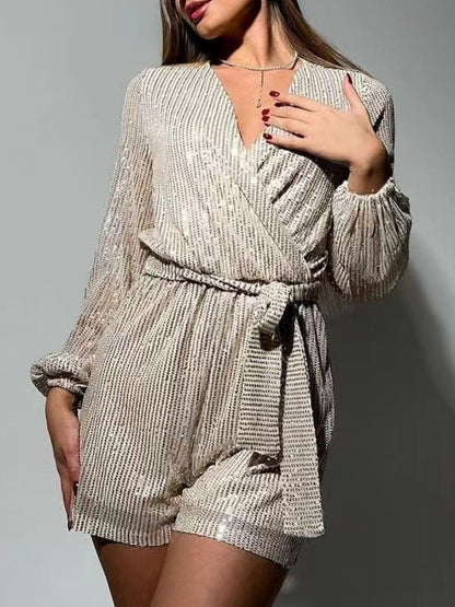 Combinaison à manches longues et surplis à sequins, taille nouée