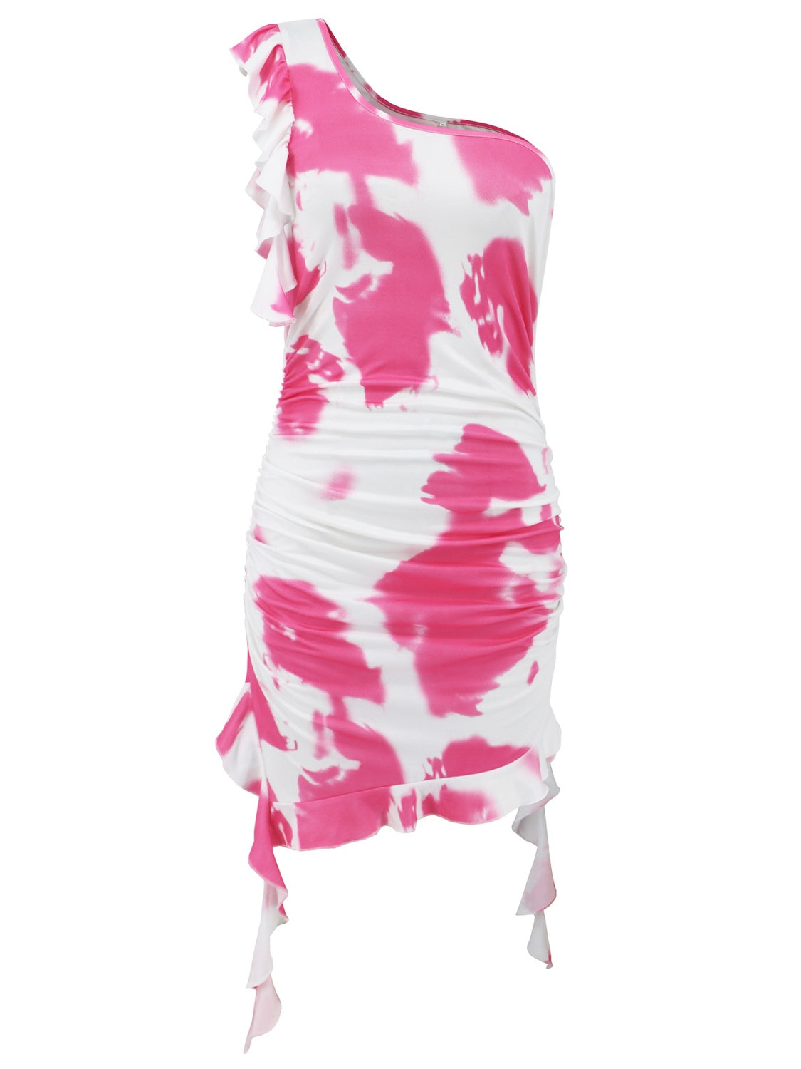 Vestido mini de un solo hombro con volantes y efecto tie-dye
