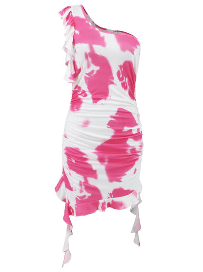 Vestido mini de un solo hombro con volantes y efecto tie-dye