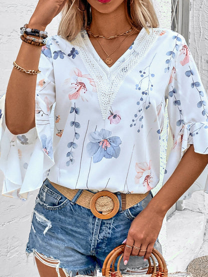 Blusa de media manga con escote en V, estampado con volantes color miel