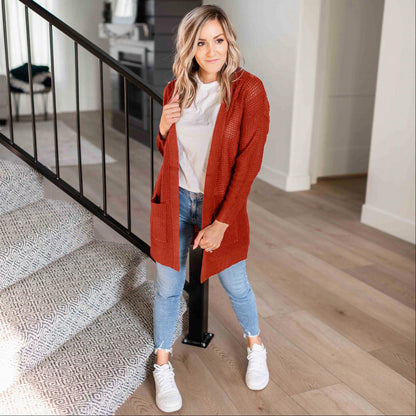 Pull cardigan ouvert à manches longues et poches en tricot gaufré