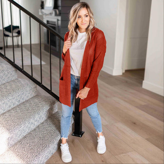 Pull cardigan ouvert à manches longues et poches en tricot gaufré