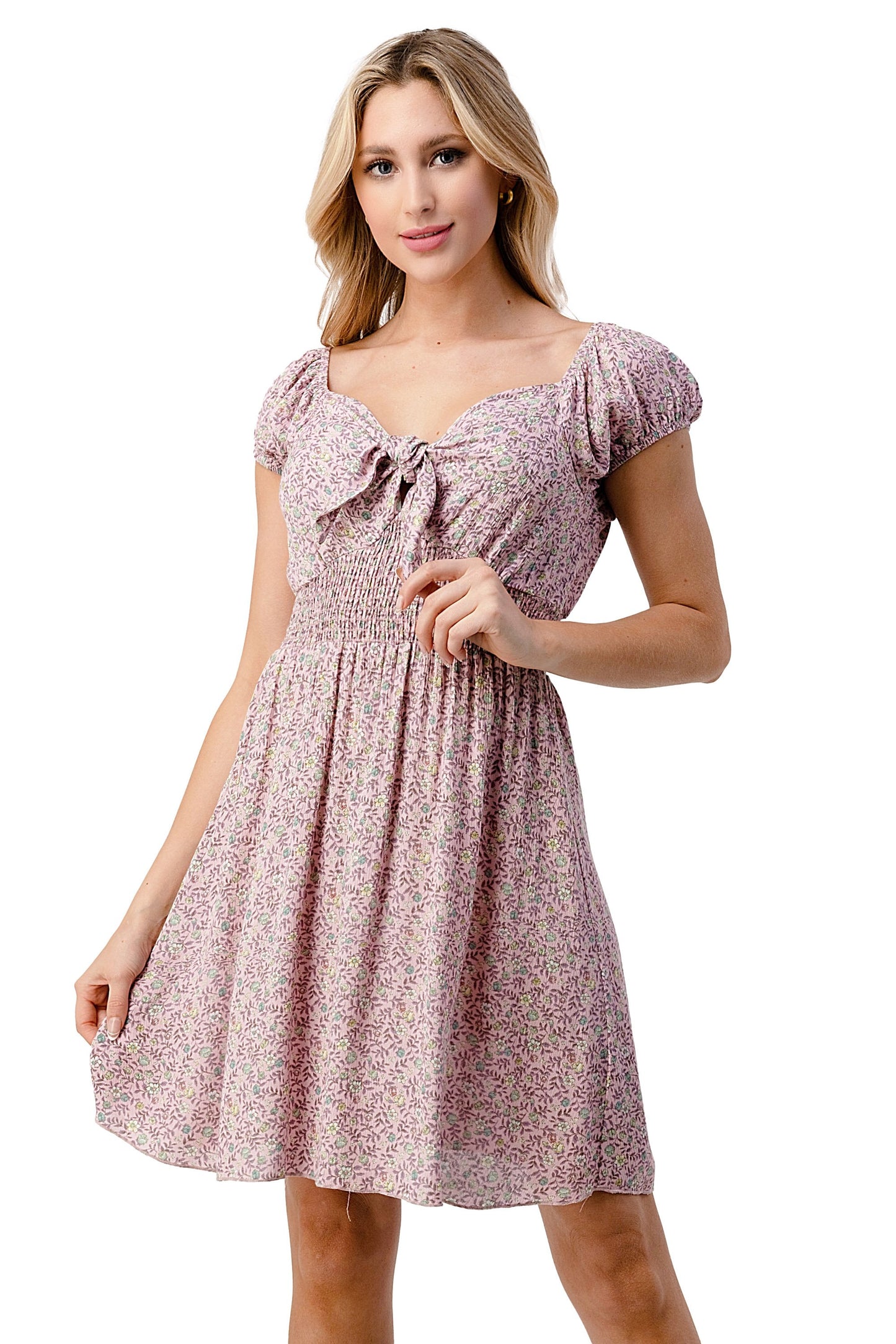 Vestido Emma con mangas cortas y lazo delantero con estampado de margaritas