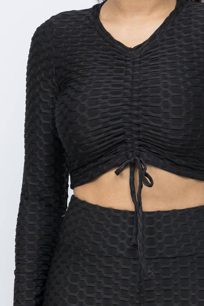 Conjunto de top y leggings con lazo fruncido en nido de abeja
