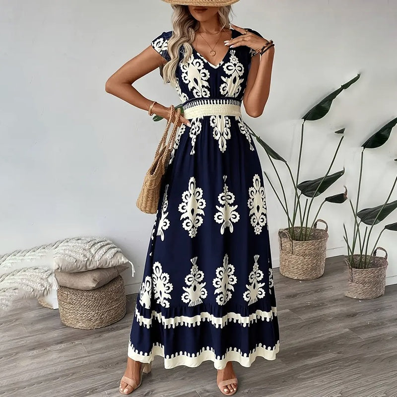 Robe longue d'été fluide pour femme, décontractée, manches courtes, col en V, taille smockée, robe de plage 