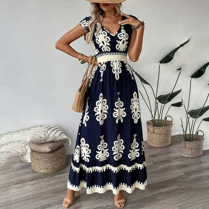 Robe longue d'été fluide pour femme, décontractée, manches courtes, col en V, taille smockée, robe de plage 