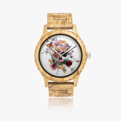 Reloj de madera de olivo italiano con calavera floral de Jacki Easlick