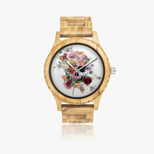 Montre Jacki Easlick en bois d'olivier italien à motif floral et tête de mort