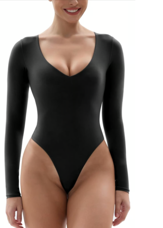 Body para mujer con cuello en V y manga larga, súper suave y ceñido al cuerpo.