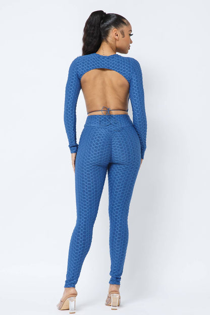 Ensemble haut et leggings à dos ouvert en nid d'abeille