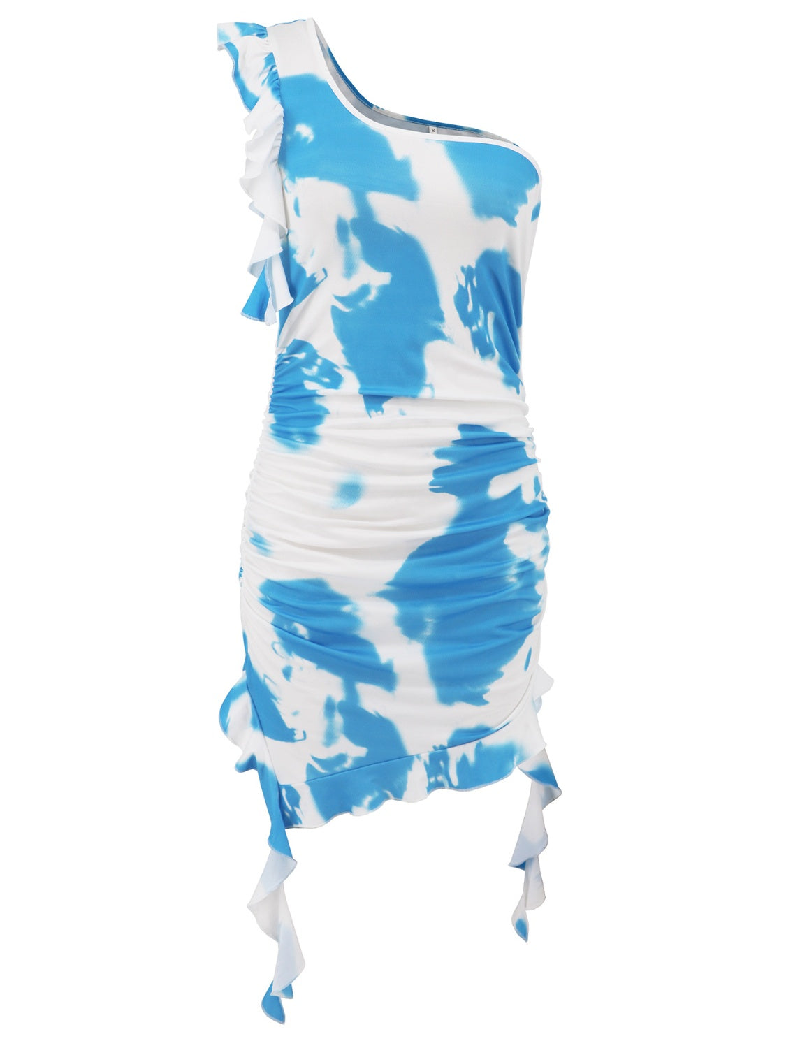 Vestido mini de un solo hombro con volantes y efecto tie-dye