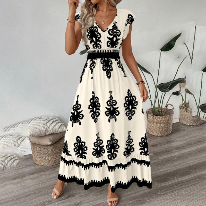 Robe longue d'été fluide pour femme, décontractée, manches courtes, col en V, taille smockée, robe de plage 