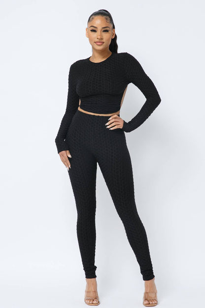 Ensemble haut et leggings à dos ouvert en nid d'abeille