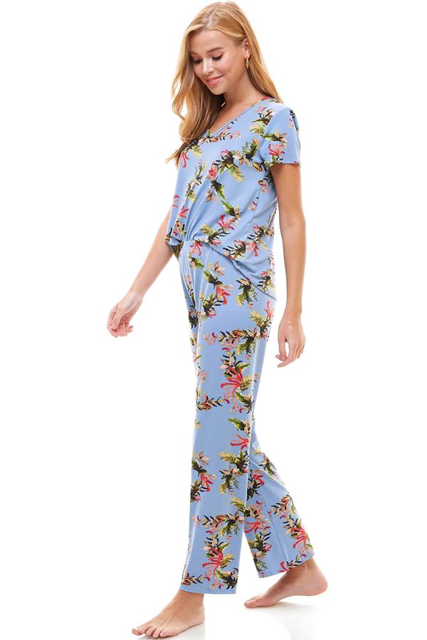 Ensemble de vêtements d'intérieur pour femme à manches courtes et pantalon à fleurs
