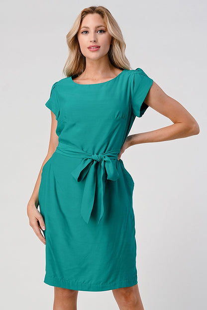 Elegant Cap-Sleeve Dress with Tie Waist