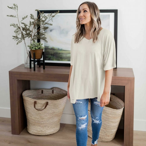 Haut Dolman en rayonne Luxe à manches mi-longues et col en V