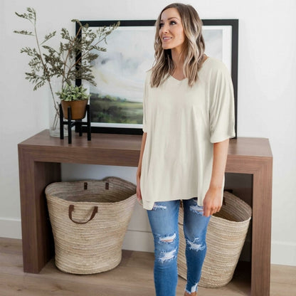 Haut Dolman en rayonne Luxe à manches mi-longues et col en V