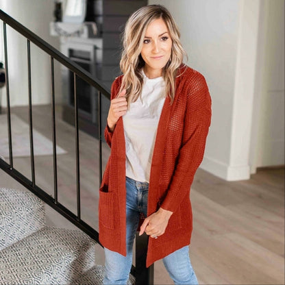 Pull cardigan ouvert à manches longues et poches en tricot gaufré