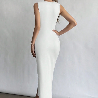 Vestido sexy ajustado sin mangas con cuello amplio y abertura para mujer, de color liso, nuevo y a la moda 