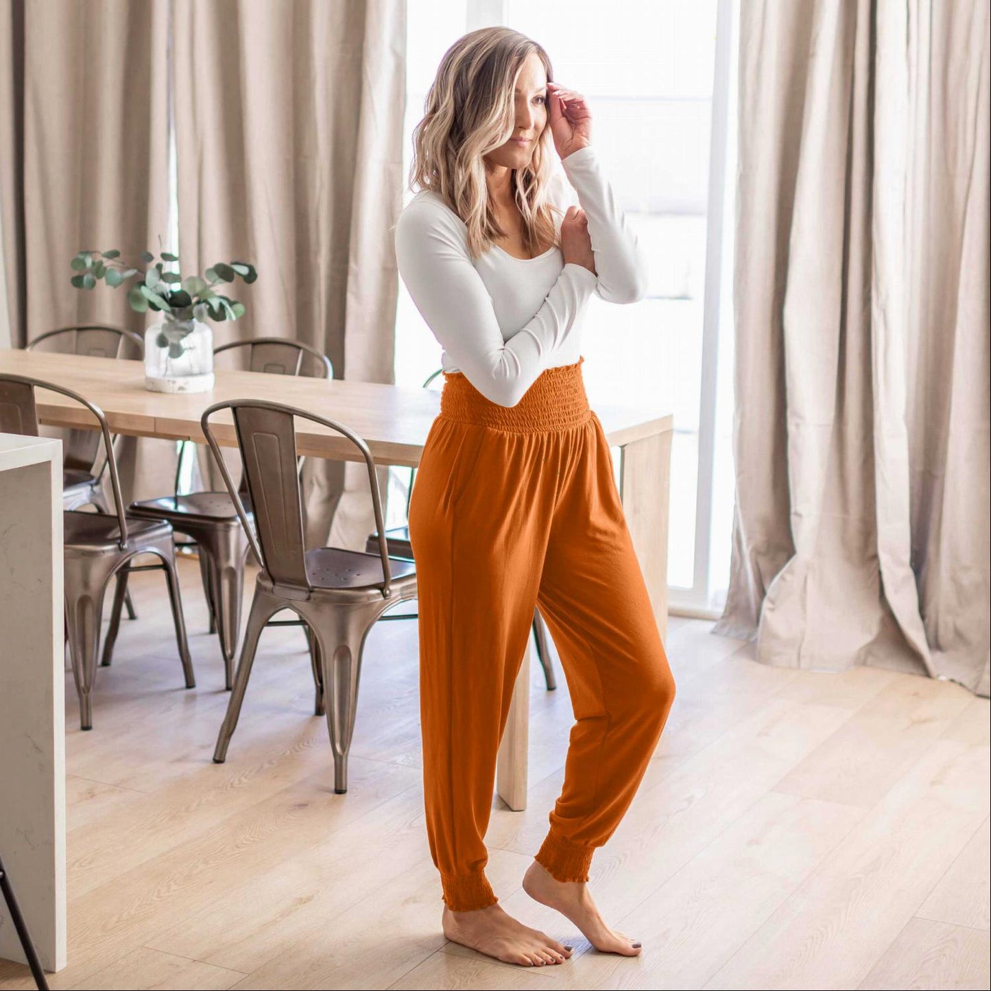 Pantalon de jogging taille haute à smocks