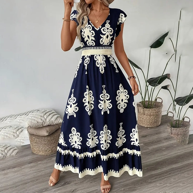 Robe longue d'été fluide pour femme, décontractée, manches courtes, col en V, taille smockée, robe de plage 