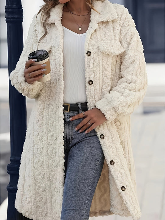 Manteau long boutonné à manches longues et duveteux