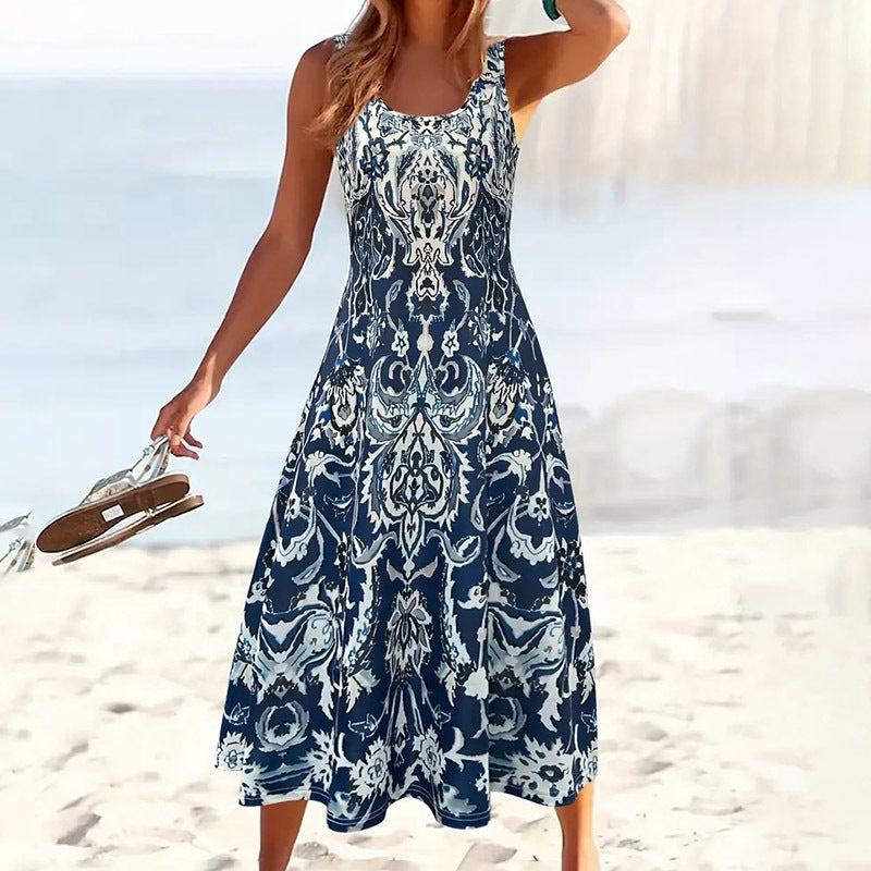 Robe d'été longue sans manches style bohème pour femme, ample, fluide, décontractée, mi-longue, pour la plage